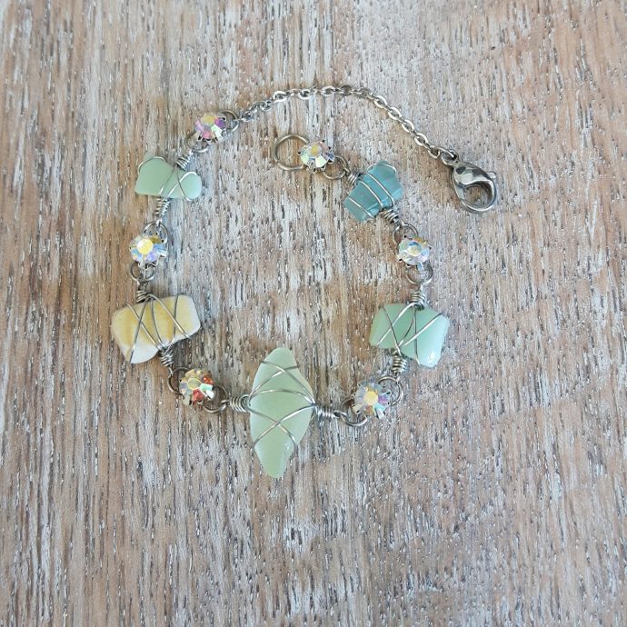 Sea Glass, Pottery and Crystal Bracelet